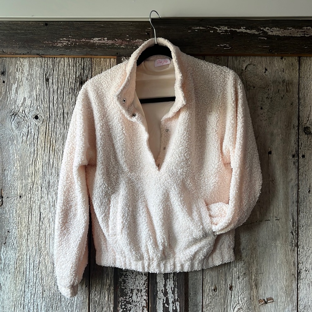 Pink Lily, Let My Guard Down Cream Sherpa Snap Button PullOver,S, NWOT